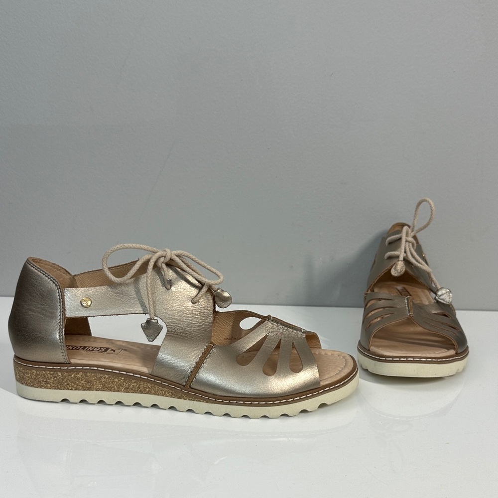 PIKOLINOS Metallic Gold Lace-Up Cutout Sandals